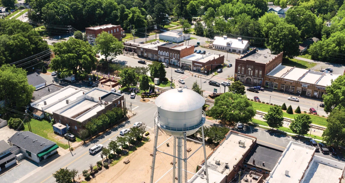 Aerial view of downtown Waxhaw and the water tower